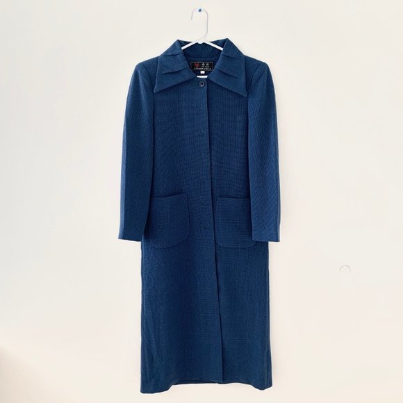 Vintage Blue Tweed Long Duster Jacket Coat Large - Picture 1 of 6